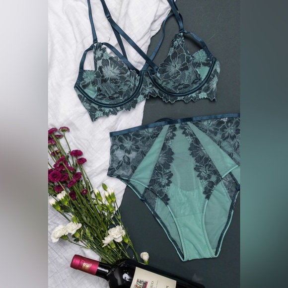 *NWT* Mentionables / Lace & Mesh High Waist Garter Panty / Garden Green / 1X - Picture 12 of 13